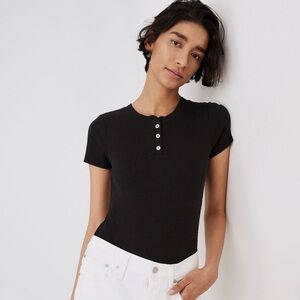 Madewell Womens Medium Bodysuit Henley Black Ribbed Short Sleeve Thong One Piece